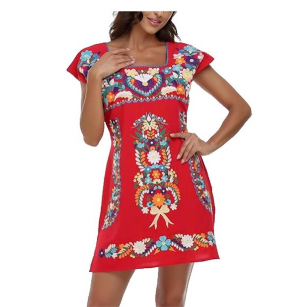 NEW YZXDORWJ Womens Mexican Embroidered Sleeveless Dress Red Flower XL